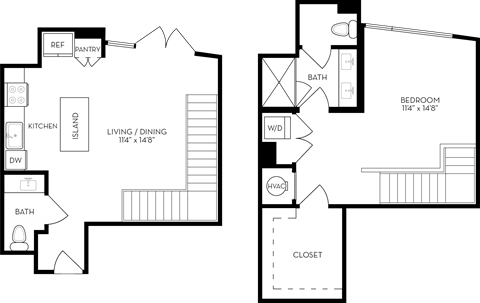 Floor plan for 1 bed, 1.5 baths, 1017 sqft